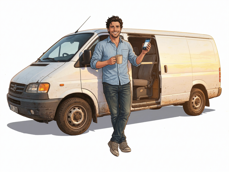 Entspannter Malermeister vor seinem Firmenwagen mit Handy und Kaffee