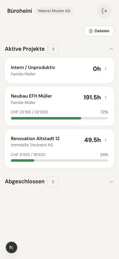 BüroHeini Projektübersicht: Aktive Projekte mit Stunden, Budget und Fortschritt auf einen Blick