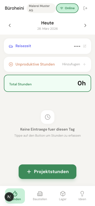 Worker-App Stundenübersicht: Tagesansicht mit Reisezeit, Projektstunden und Total
